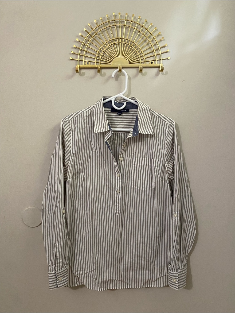 Tommy Hilfiger White and Gray Vertical Stripe Women's Button-Down Shirt